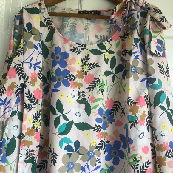 Eloquii Shoulder Tie Pastel Multi Color Floral Blouse with Long Sleeves Size 16 - Picture 2 of 10